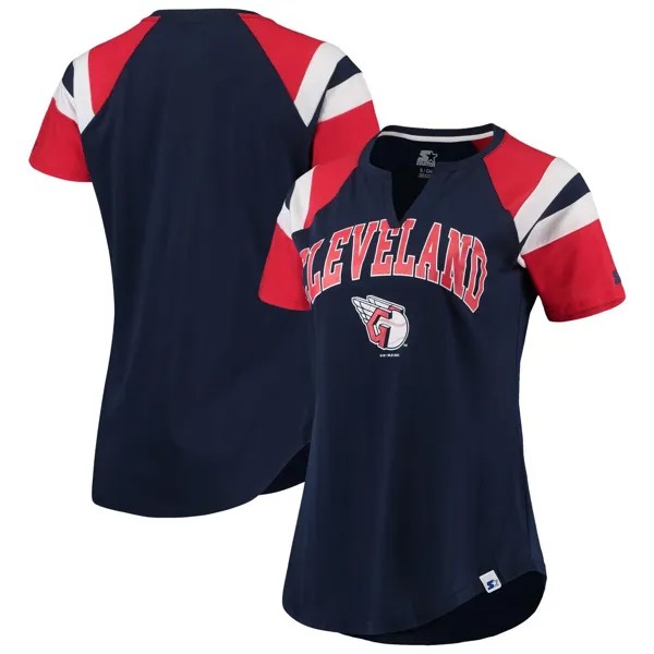 Женская стартовая футболка темно-синего/красного цвета Cleveland Guardians Game с вырезом реглан Starter