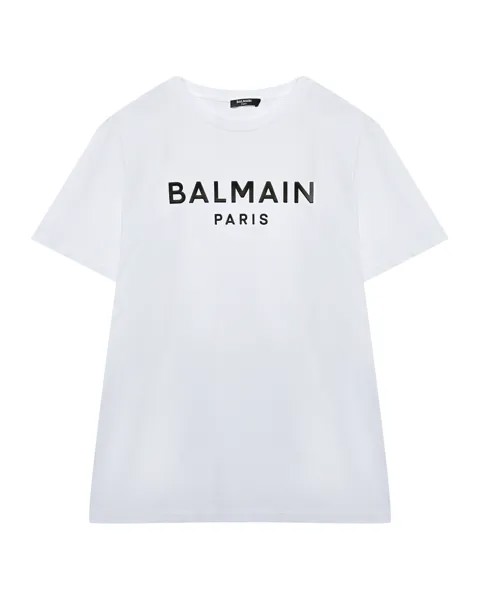 Футболка с черным лого, белая Balmain