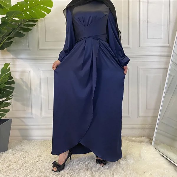 Eid Satin Abaya Dubai Турция мусульманское женское платье с запахом спереди без разреза с длинными рукавами оборками Макси платья скромная мусульманская одежда
