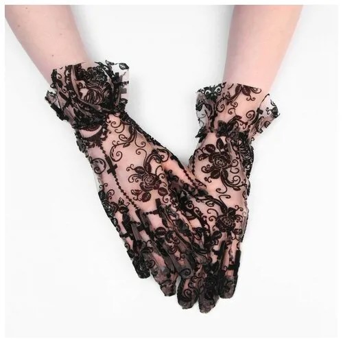 Карнавальные перчатки ажурные, цвет черный, короткие 9197374