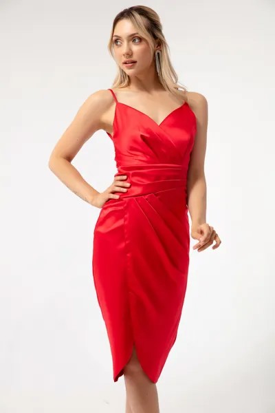 Женское красное двубортное атласное вечернее платье миди с разрезом Lafaba, красный