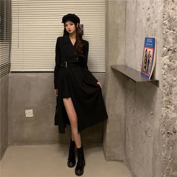 Осень Женское платье Midi с поясом Черный Сексуальный Plus Size Платья Корейский стиль Длинный рукав Элегантный боковой разрез A Line