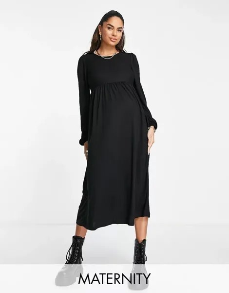 Черное платье миди с длинными рукавами и присборенным лифом Mama.licious Maternity
