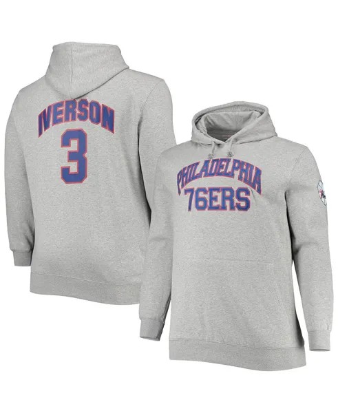 Мужская толстовка с капюшоном allen iverson heathered grey philadelphia 76ers big and tall с именем и номером Mitchell & Ness, мульти