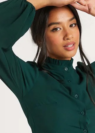 Зеленое свободное платье мини с длинным рукавом и пуговицами спереди ASOS DESIGN Petite-Зеленый