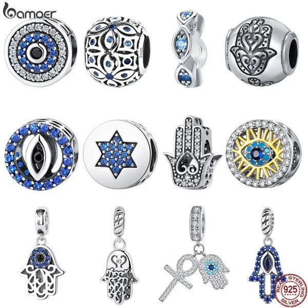 BAMOER 925 стерлингового серебра голубые кристаллы глаза круглый бисер Фатима Хамса Чары для рук Подходит браслет