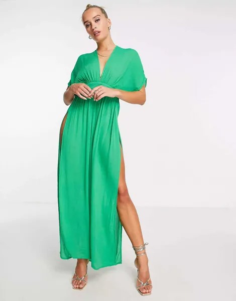 Зеленое платье макси с v-образным вырезом и разрезом NA-KD