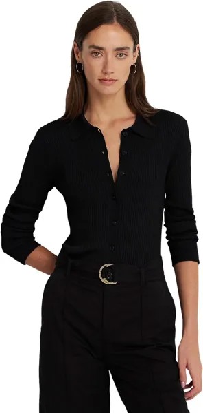 Свитер Lauren Ralph Lauren Petite Rib-Knit Long-Sleeve Polo Cardigan, черный