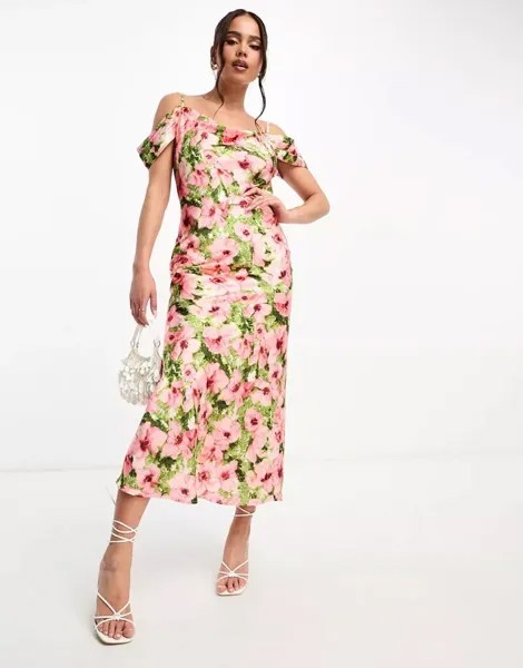 Атласное платье миди с открытыми плечами Hope & Ivy розового цвета с цветочным принтом
