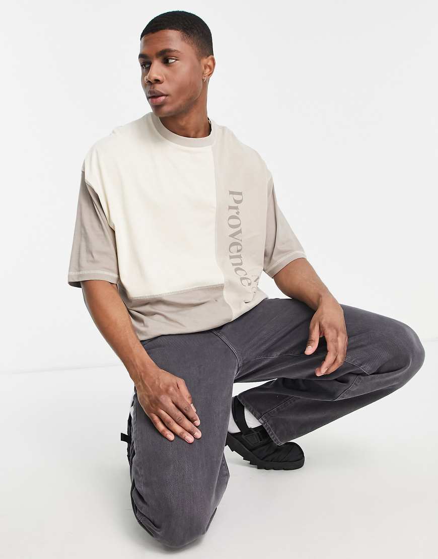 Бежевая с коричневым oversized-футболка в стиле колор блок с принтом ASOS DESIGN-Разноцветный