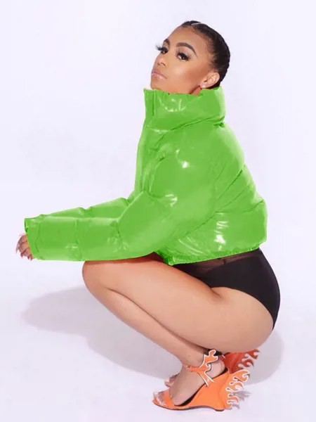 Milanoo Puffer Coats For Women Green Short Stand Collar Zipper Long Sleeves Casual Thicken Winter Co