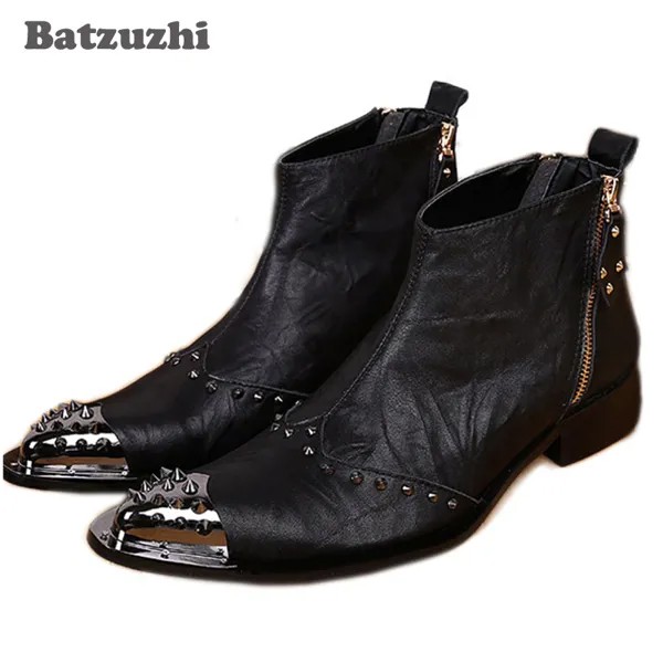 Ботинки Batzuzhi мужские кожаные в западном стиле, модные дизайнерские короткие ботинки с металлическим носком и заклепками, большой размер