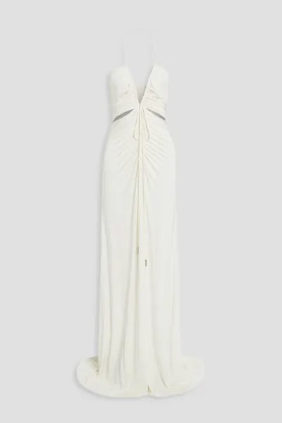 Платье Grace из эластичного джерси со сборками и воротником-хомутом Halston, слоновая кость