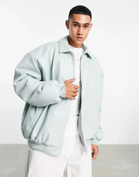 Синяя объемная куртка-бомбер из искусственной кожи ASOS