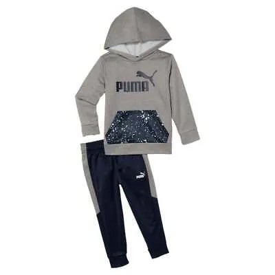 Пуловер из технического флиса Puma, комплект из 2 предметов с капюшоном и спортивными штанами для маленьких мальчиков, серая повседневная верхняя часть