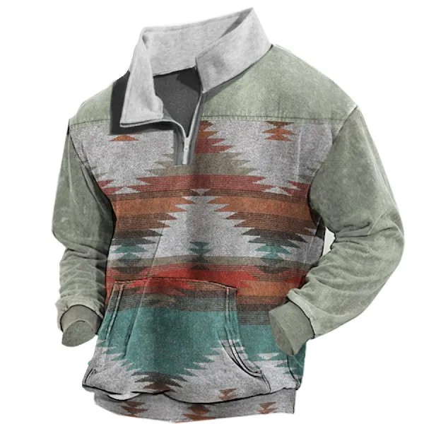 Мужская винтажная толстовка с воротником-стойкой и застежкой-молнией в стиле вестерн в этническом стиле мужской уличный тактический пуловер
