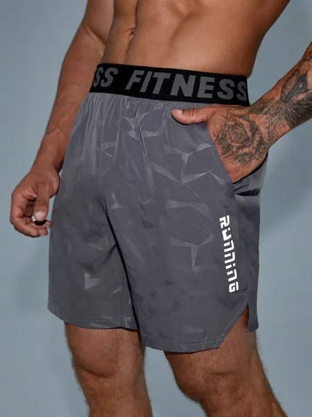 Мужские спортивные шорты с карманами SHEIN Fitness с буквенным принтом, серый