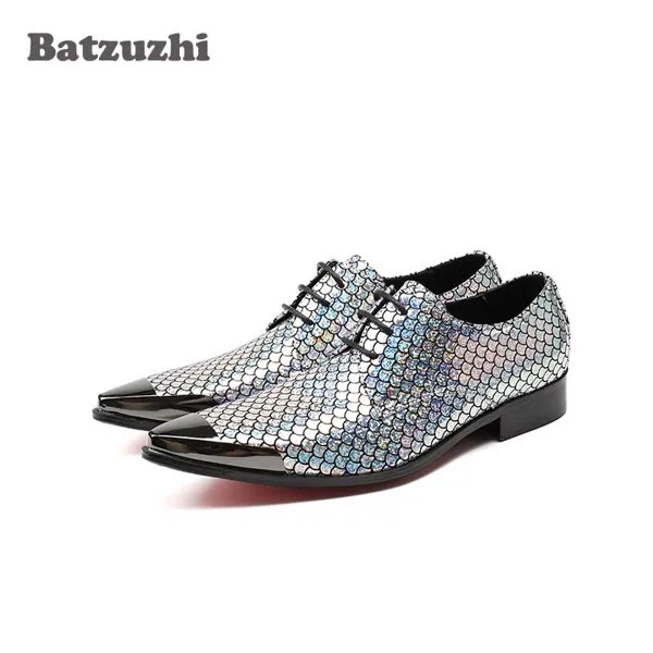 Batzuzhi/итальянские дизайнерские Серебристые мужские туфли; кожаные мужские модельные туфли; оксфорды на шнуровке; обувь для вечеринки и свад...