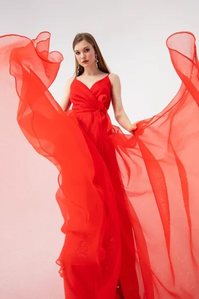 Женское красное двубортное длинное серебристое вечернее платье с воротником и поясом Lafaba, красный