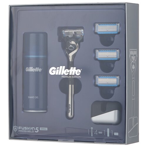 Набор Gillette подарочный подставка, гель для бритья Fusion Ultra Sensitive 75 мл, бритвенный станок Fusion5 ProShield Chill Flexball с эксклюзивной хромированной ручкой