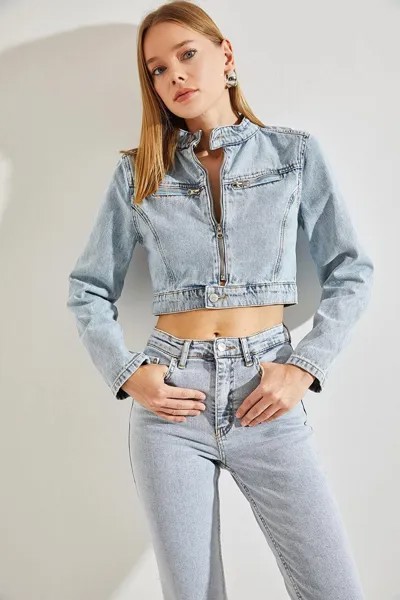Женская джинсовая куртка с воротником-стойкой и карманами на молнии SHADE