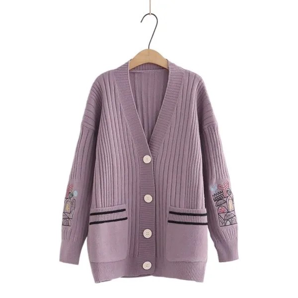 Однобортный жаккардовый вязаный женский кардиган, пурпурный свитер, зимнее теплое пальто, корейский стиль, женские джемперы с карманами, ...