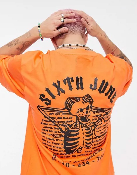 Oversized-футболка оранжевого цвета с черепом на спине Sixth June-Оранжевый цвет