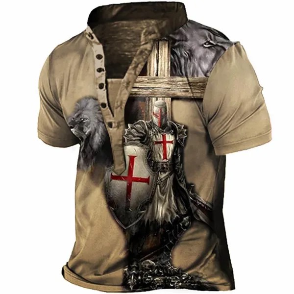 Мужская винтажная футболка Henley с принтом Templar Lion Cross