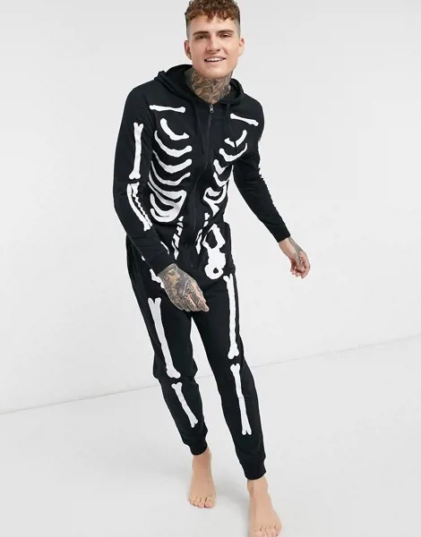 Комбинезон с капюшоном и серебристым принтом скелета ASOS DESIGN Halloween-Черный