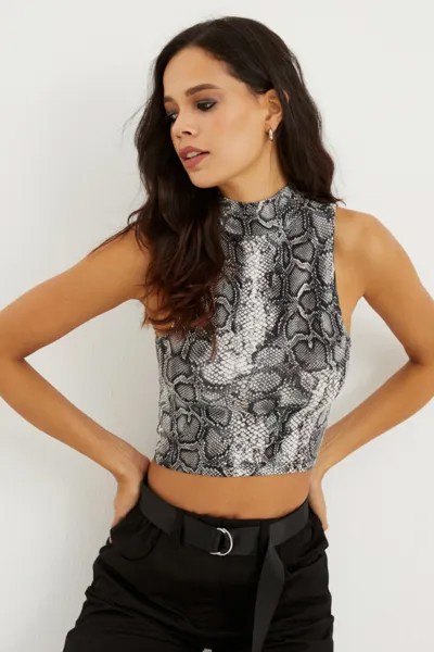 Женская короткая блузка без рукавов с каменным полурыбаком и змеиным узором Cool & Sexy, серый