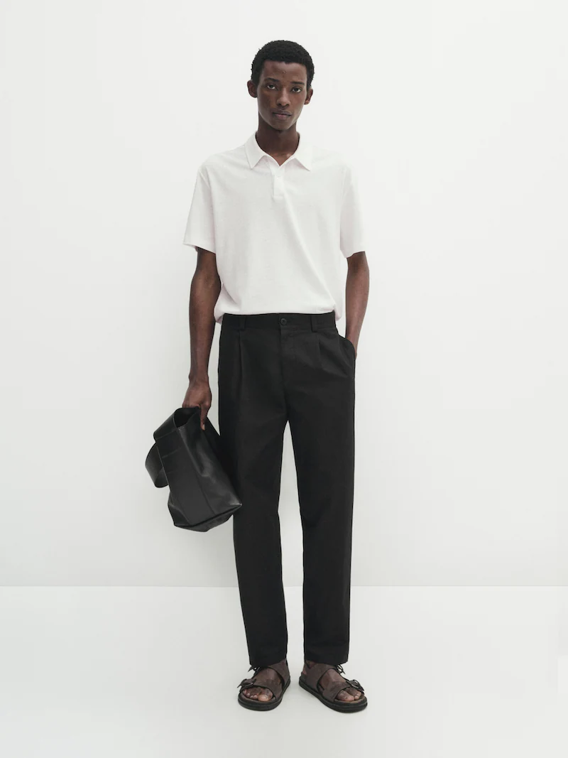 Рубашка-Поло из смесового льна с короткими рукавами Massimo Dutti, бежевый