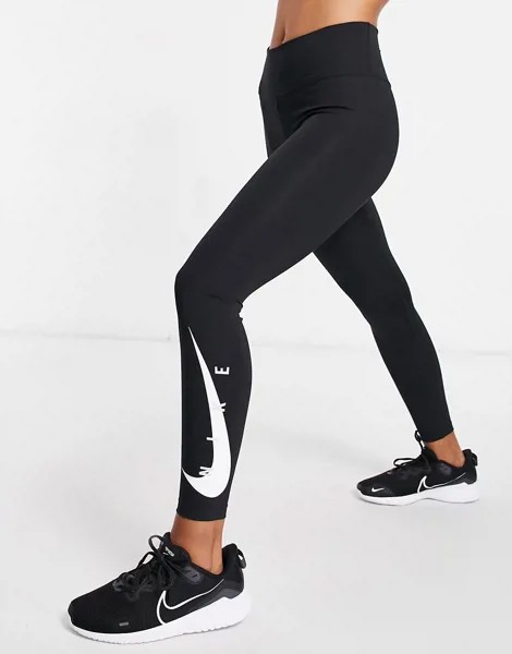 Черные леггинсы длиной 7/8 с логотипом-галочкой Nike Running-Черный цвет