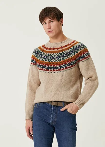 Жаккардовый шерстяной свитер цвета экрю с геометрическим узором Howlin