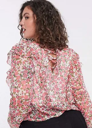 Блузка с цветочным принтом и оборками Neon Rose Plus-Белый
