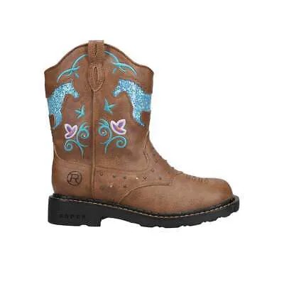 Roper Glitter Horse Round Toe Cowboy Youth Girls Brown Casual Boots 09-018-1202