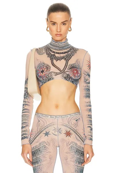 Топ Jean Paul Gaultier Printed Soleil Long Sleeve High Neck Cropped, цвет Nude, Blue, & Red