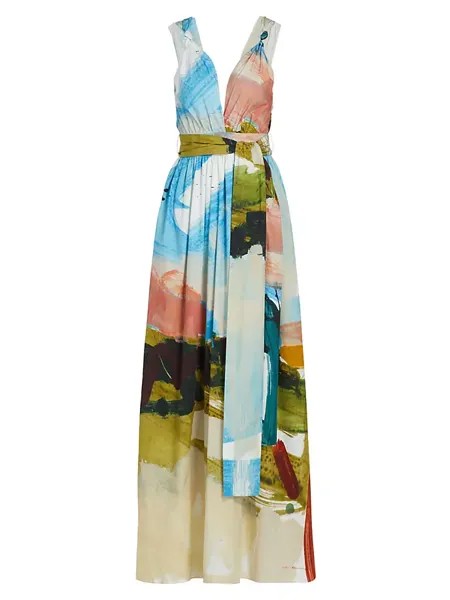 Платье макси с абстрактным пейзажным принтом и завязками Oscar De La Renta, синий