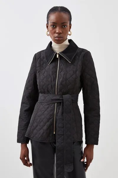 Стеганое пальто с баской и поясом Karen Millen, черный