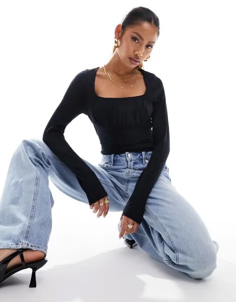 Черное боди с длинными рукавами и сборками на груди ASOS DESIGN