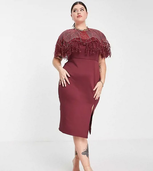 Красное платье миди с отделкой жемчугом и перьями ASOS DESIGN Curve-Разноцветный
