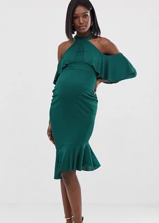 Платье миди с высоким воротом, открытыми плечами и оборками ASOS DESIGN Maternity-Зеленый