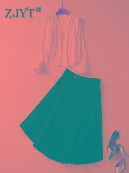 ZJYT Женская белая блузка и юбка комплект из 2 предметов весеннее модное асимметричное платье средней длины костюм офисные женские дизайнерс...