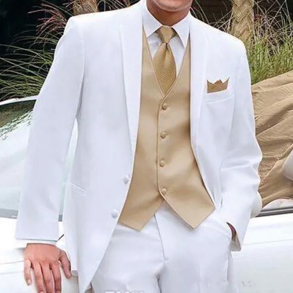 Бело-золотые свадебные смокинги для мужчин, сценическая одежда, новейший Блейзер, 3 предмета, с отложным воротником, индивидуальные мужские ...