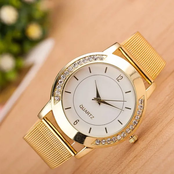 Новая мода Женщины Кристалл Золото нержавеющая сталь Аналоговые кварцевые наручные часы Браслет Хороший водонепроницаемый