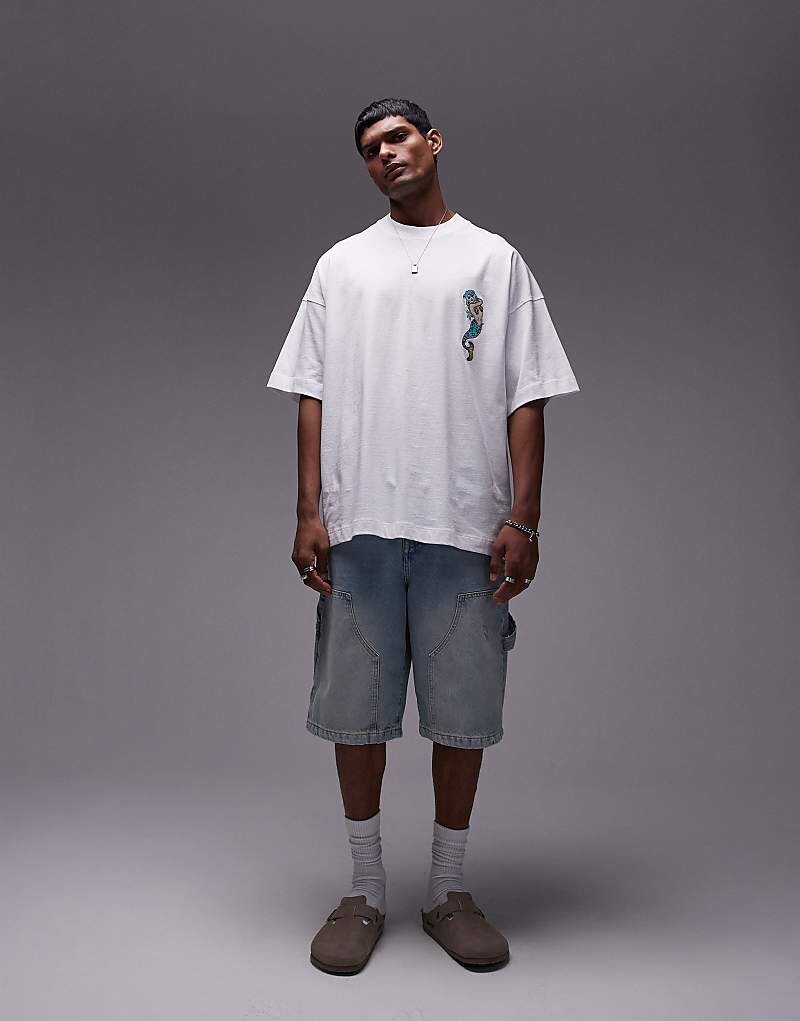 Topman – белая футболка в стиле oversize с вышитой татуировкой и мотивом русалки