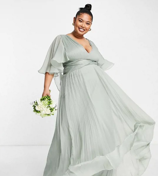 Платье макси со сборками на лифе, драпировкой, расклешенными рукавами и запахом на талии ASOS DESIGN Curve Bridesmaid-Зеленый цвет