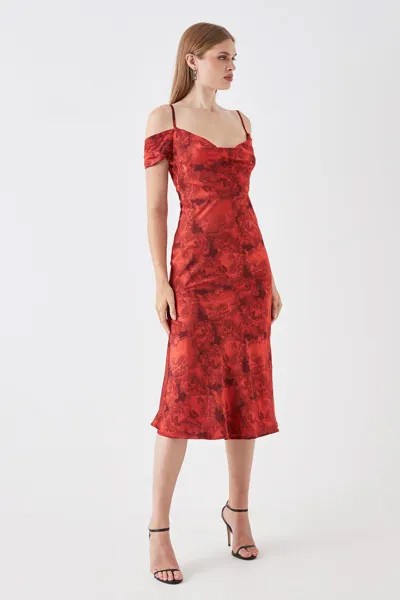 Атласное жаккардовое платье миди Sophie Habboo с драпированными рукавами Coast, красный