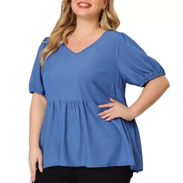 Женская блузка размера плюс с коротким рукавом и V-образным вырезом, топ с баской из шамбре Agnes Orinda, синий