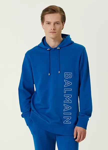 Синий свитшот из органического хлопка с капюшоном и логотипом Balmain
