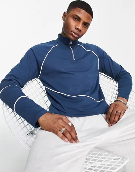Темно-синий лонгслив в стиле oversized с высоким воротником и окантовкой ASOS DESIGN-Голубой